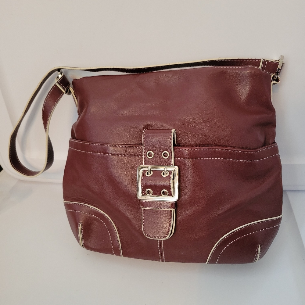 Burgundy Leather Handbag with White Trim- Wilsons Leather/ Pelle Studio
